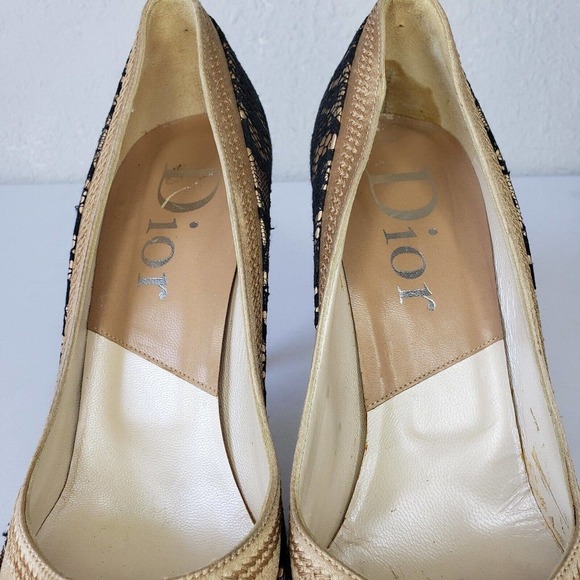 Christian Dior Beige Satin Pumps Black Lace High Heels Size 39 EU 8.5 US Italy - Picture 3 of 15